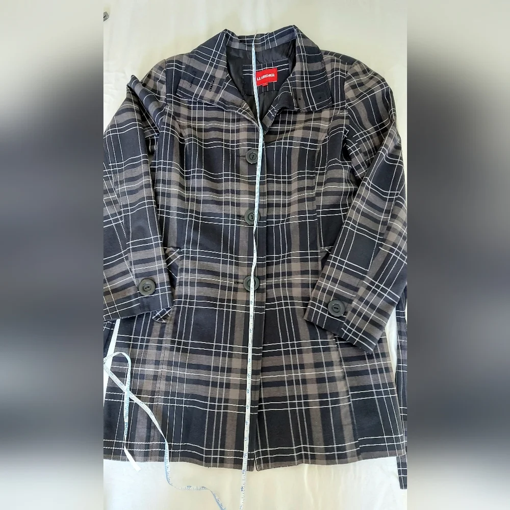 Woman's Black & Gray Plaid Trench Coat with Belt - Picture 7 of 11